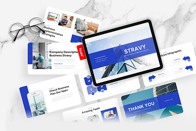 Stravy PowerPoint Template blue buisness company profile gsl key modern powerpoint ppt pptx presentation template stravy ui white