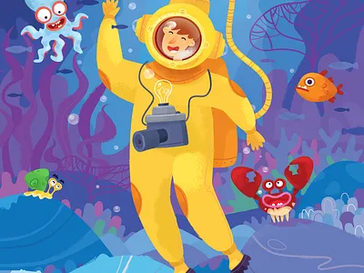 Sea adventure branding camera character design diving flat illustration sea underwater world