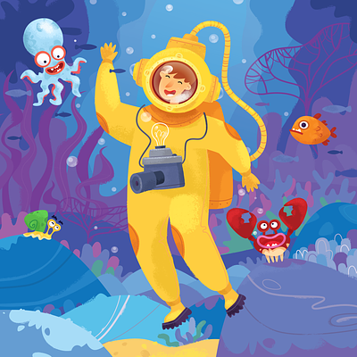 Sea adventure branding camera character design diving flat illustration sea underwater world
