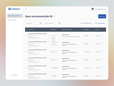 Manage Job Post UIUX Dashboard | For Employer admin panel branding dashboard design job manage job post trending ui ui design ui ux ux web design website