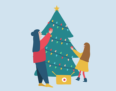 Decorating the Christmas tree 25th december adobe illustrator christmas christmas baubles christmas illustration christmas lights christmas ornament christmas tree decorations design family flat holidays illustration lights garland merry christmas mother and daughter simple snow vector