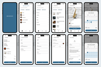 Orchestrate - app for renting instruments android app appdesign blue booking clean components design flat design high fidelity ios material design minimalistic payment process rent search selling ui ux white