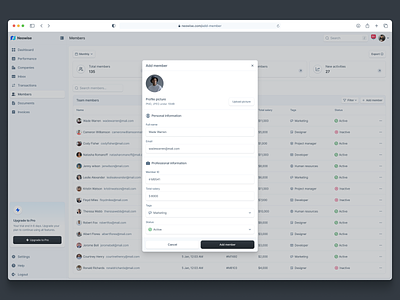 Neowise: Add Member - Financial Tracking Web App SaaS Dashboard admin clean dashboard dialog finance financial fintech member modal money pop up product design profile saas settings sheet table uiux web app window