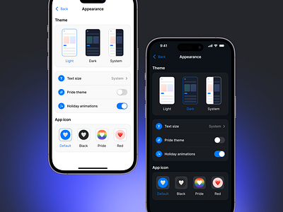 Appearance Settings app banking card dark finance gradient icon illustration ios iphone logo messenger minimal mobile mode payment settings ui ui kit ux