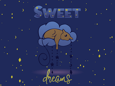 Sweet dreams. The cat is sleeping. animal illustration bed calligraphy cat character cozy design dream flat graphic design happy illustration lettering night poster sleep space star sweet dreams vector