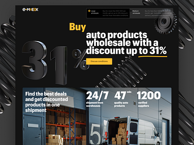 Landing page for wholesale buyers of auto parts 3d auto parts black calculator delivery dlivery landing page rates ui web design wholesale sales yellow