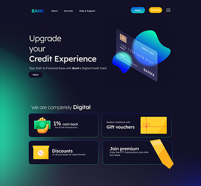 Digital Credit card landing page bank behance creditcard designchallenge ecommerce gradient homepage inspiration logo mobileui ui userinterface website