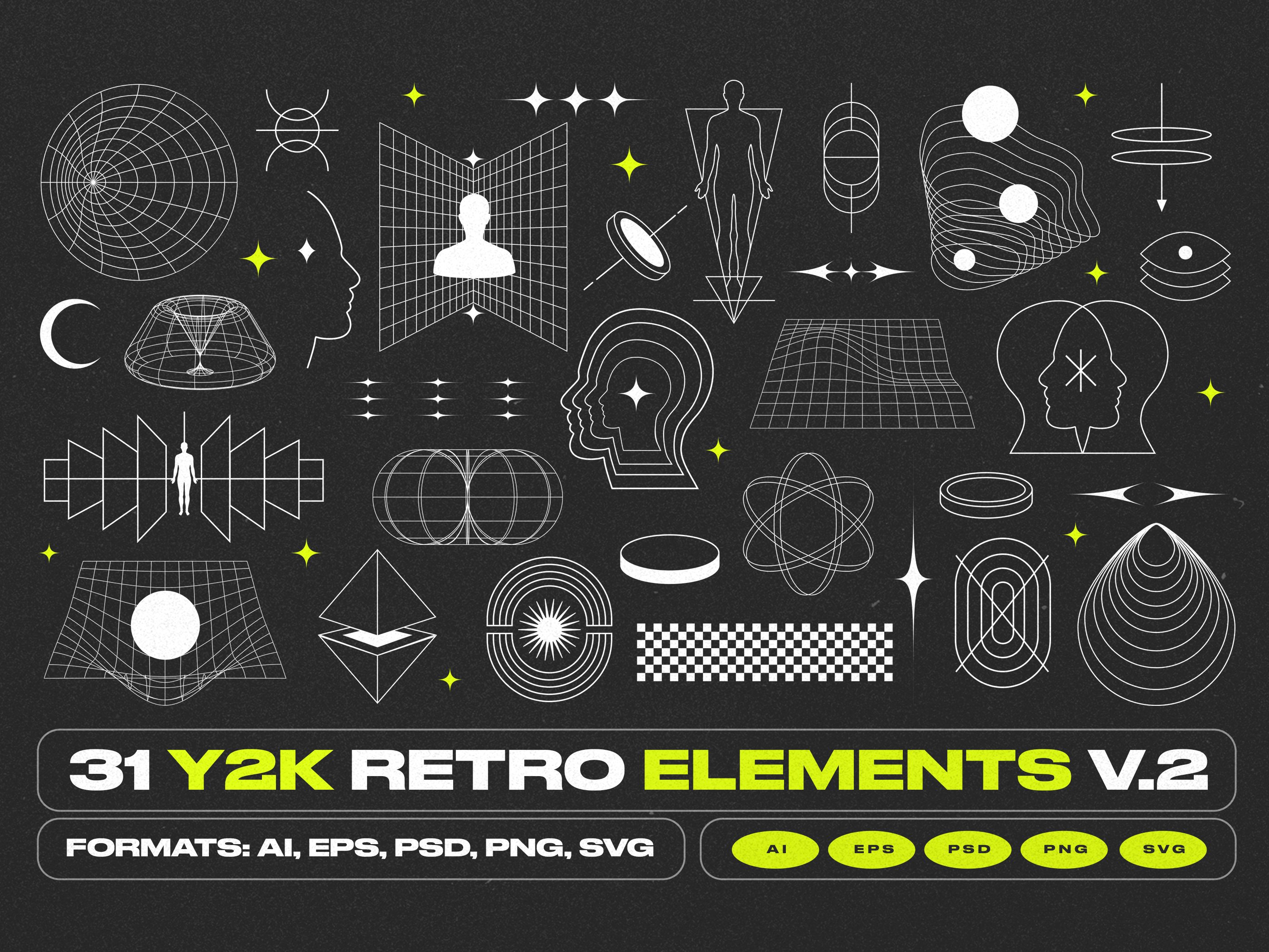 y2k retro elements. Abstract shapes and symbols for futuristic