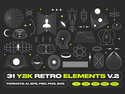 Y2K Retro Elements V.2 3d acid bohemian boho cyberpunk elements futuristic head hud icon logo mentalism retro shapes vintage wireframe y2k