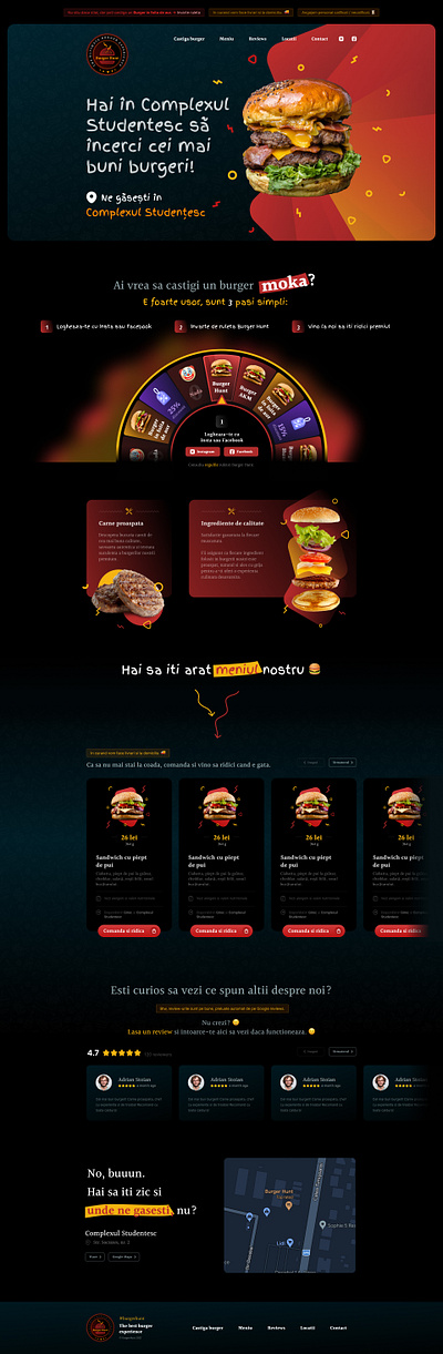 Burger Hunt - landing page burger dark mode hero image homepage landing page layout menu roulette ui