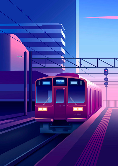 Train station city illustration japan light mood neon poster tokyo