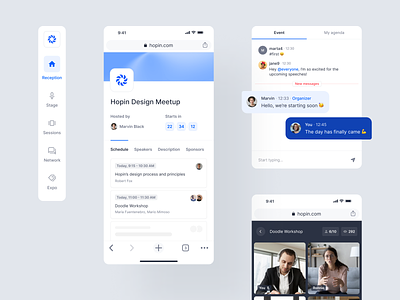Hopin — Case Study 🎟 app application blue chat clean event events interface layout meeting minimal mobile product saas simple ui ux virtual events whitelabel widelab