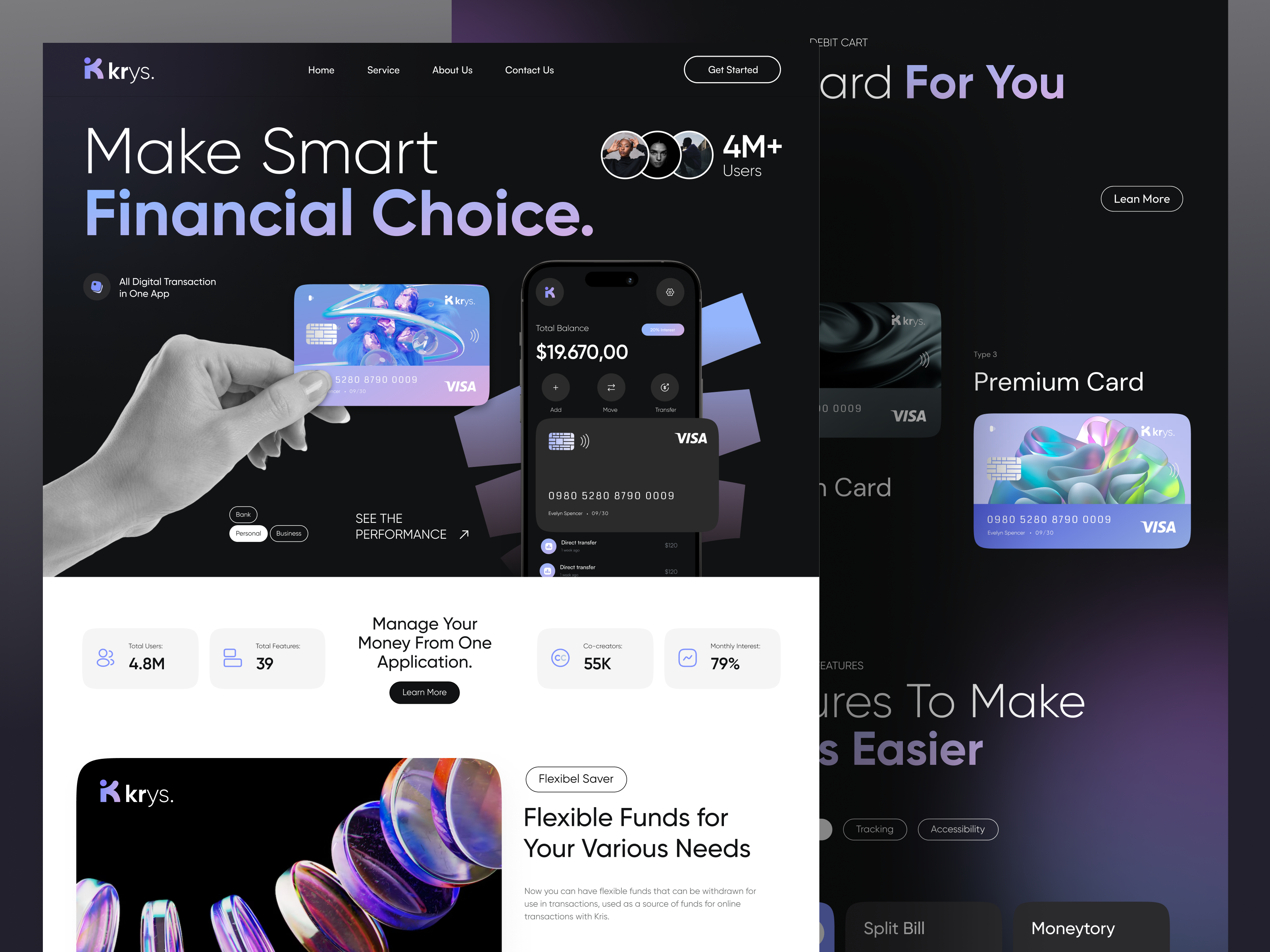 Krys - Finance Landing Page bank banking app branding credit card design digital bank digital banking digital finance finance financial landing page money saas savings statistics transaction transfer ui website
