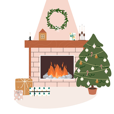 Christmas postcard. Fireplace and Christmas tree. Vector gift