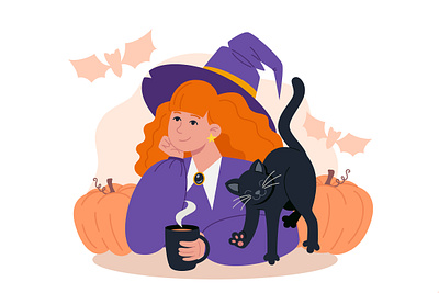 Ginger Witch character flat halloween illustration vector witch