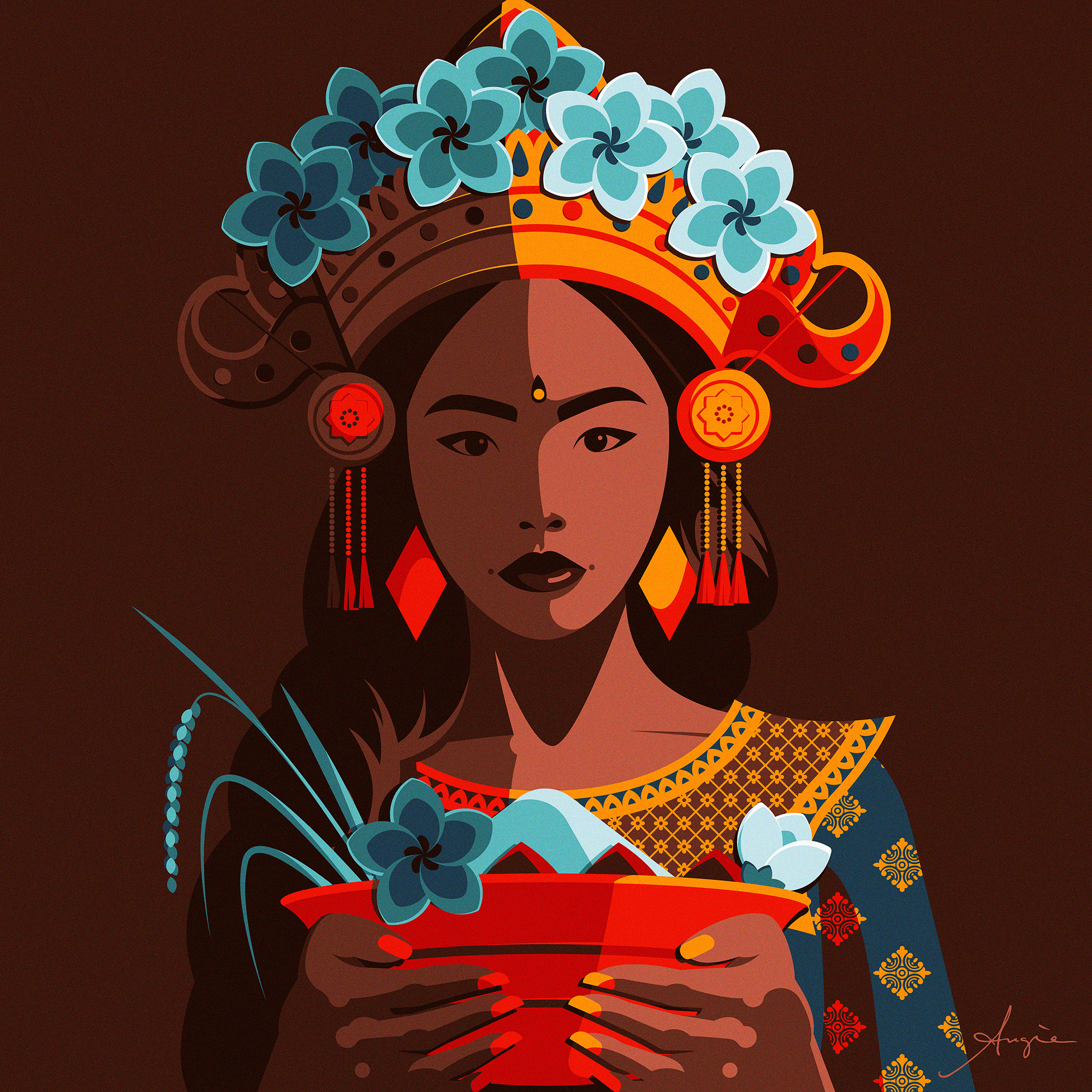 "Generosity" - Goddess Cili, daily vector art adobe illustrator blue brown contrast daily art design fertility flat design flowers illustration lights minimalism orange portrait red shadows vector vector illustration woman yellow