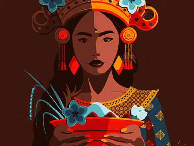 "Generosity" - Goddess Cili, daily vector art adobe illustrator blue brown contrast daily art design fertility flat design flowers illustration lights minimalism orange portrait red shadows vector vector illustration woman yellow