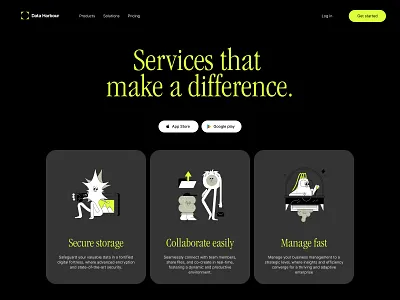 Cloud storage platform, services page. bold color buttons cards cloud cloud storage collaboration dark dark ui dropbox files google drive illustration minimal minimalism services ui ux webdesign