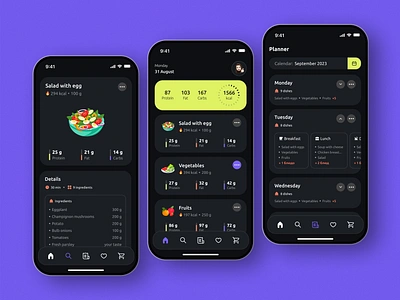 Meal Planner Mobile App 🍽️ app application colorfull design food illustration ios management meal mobile mobile app motivation planner platform productivity purple receipes saas tranding ui