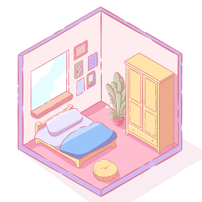 Pink isometric room 2d bedroom design graphic design illustration isometric kawaii pink room procreate room design storybook stylized