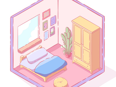 Pink isometric room 2d bedroom design graphic design illustration isometric kawaii pink room procreate room design storybook stylized