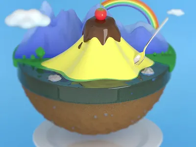 Landscape with pudding 🍮🗻📷 3d 3d animation 3d illustration after effects animation c4d cinema 4d food gif graphic design happy humorous illustration landscape loop mountain pudding redshift sweet zbrush