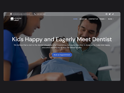 Kiddo Dent - A Dental Clinic for Kids blue branding chindren dental dental clinic dentist doctor health hero kid landing page services ui website