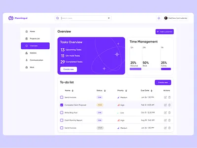 Time Management Platform Concept | ElifTech buttons checklist dashboard figma left menu material design product design selected component table design tasks tasks tracker time management to do list widgets
