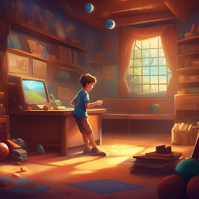 A boy standing in his room 3d digtial art graphic design