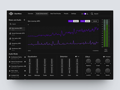 Music Sound Clarifier AI - ClearWave audio component controller dark mode dark theme dashboard design equalizer mix monitoring music product design product digital service sound ui ux web