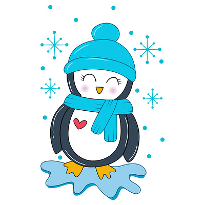 Vector Illustration of Cute cartoon penguin baby cap cheerful christmas cold cute decoration design drawing graphic art graphic design illustration knitted penguin snowflakes snowman vector vector illustration vector image winter