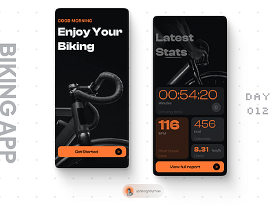 Biking App app design bento bento cards bento grids bike app biking app cycling app daily ui dark mode dark ui design figma fitness interface design orange design orange ui product design ui ui challenge ui design