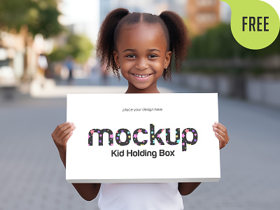 Free Kid Holding Box Mockup. AI Generated box cardboard child delivery free freebie gift girl hand holding kid kids logo mockup pack package packaging present shipping surprise