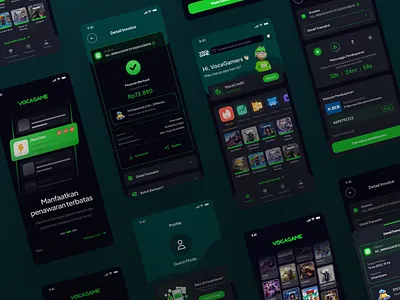 VocaGame App Revamp - Dark Mode UI Game Credit Service Provider 3d branding esport gaming graphic design illustration mobilelegends mockup revamp startup topup topupgame ui ux vector