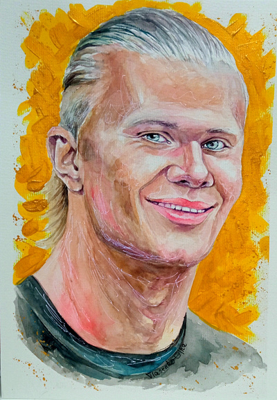 Erling Haaland in a modern style: a watercolor portrait art football hand painted paint painting portrait style watercolor