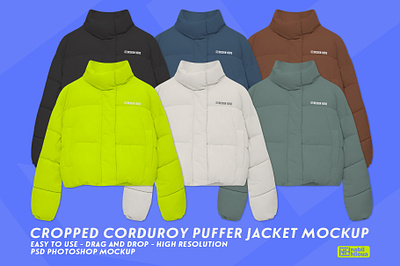 cropped CORDUROY PUFFER JACKET mockup psd front template apparel corduroy crop cropped customizable front jacket jackets layered mock up mockup mockups photoshop psd puffer realistic view