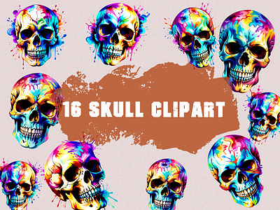 13 Skull Clipart in vector vibrant style, Stickers