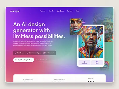Starryai Landing Page ai ai design ai generator app design colorful homepage ios design landing page mesh gradient paint satoshi font star ui ui design ux web design website design