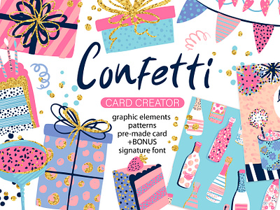 Confetti.Card creator.Graphic elements, patterns, pre-made cards abstract birthday card design font graphic design greetings pattern signature vector