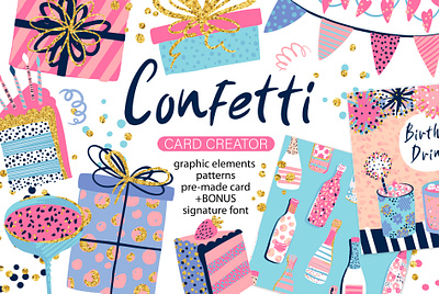 Confetti.Card creator.Graphic elements, patterns, pre-made cards abstract birthday card design font graphic design greetings pattern signature vector