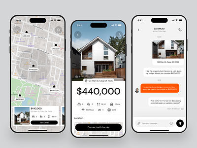 Real Estate Mobile App Design card chat clean listing map mobile mobile app product detail product screen property app real estate real estate agency real estate app real estate design rent app ui