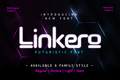 Linkero - Futuristic Font action bold cool cyber display figure futuristic game headline hero movie sci fi success techno usa