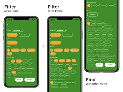 Sprocket iOS Filter Screenshot Extended 2023 app store apple aso bicycle bike chips continued design double filter find green ios iphone long modal screen screenshot scroll sprocket