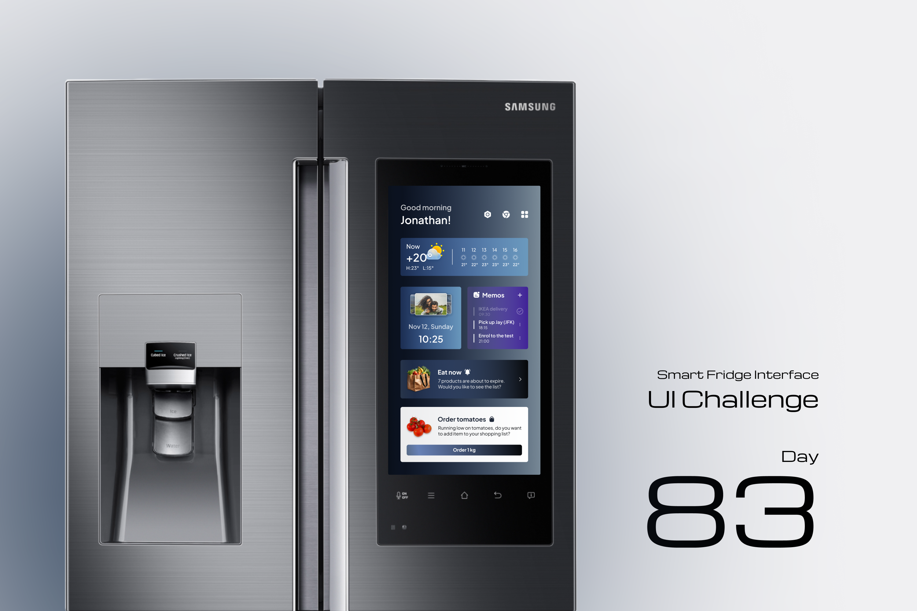Smart Fridge Interface automatic order food delivery fridge design fridge ui interface interface design memos option menu order option refrigerator samsung fridge smart fridge smart home smart panel ui ui design weather widget widget widget design