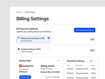 Billing Settings - Modal app bank billing clean components design design system figma finance icon landing page light mode minimalist modal payment settings ui ui design ui kit widget