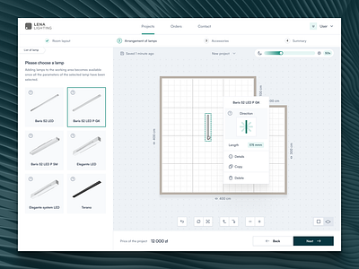 Lena Lighting create creator design details dimension lamp modal planner process sidebar stages steps top view ui user interface ux