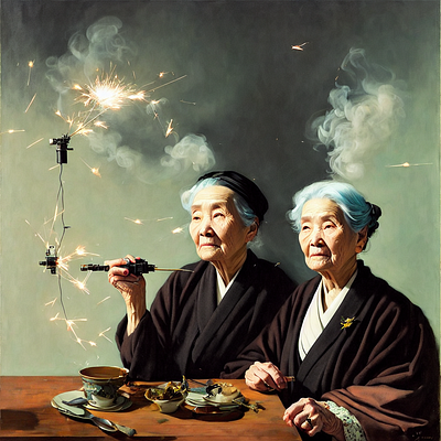 Two respectable elderly Japanese women smoking bamboo art concept digital graphic design surreal
