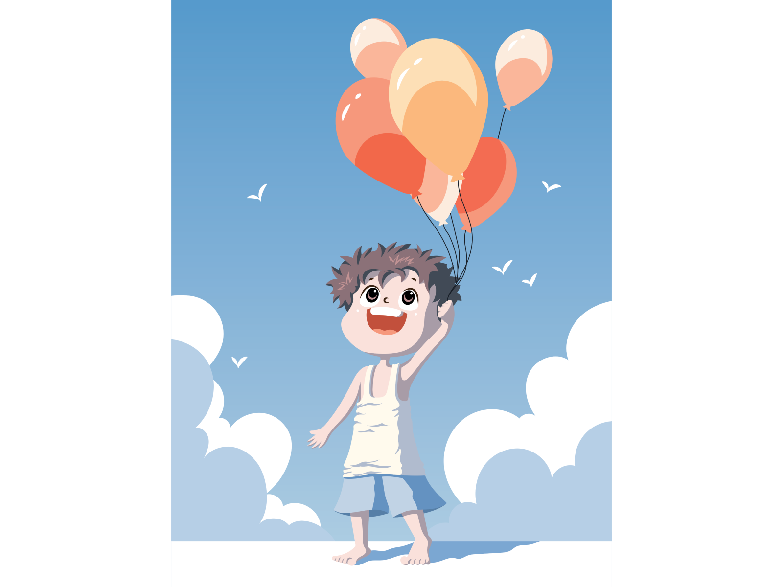 Boy with balloons 2dart art balloon birds child clouds cute digital art happy illustration illustrator indian kid laughing nature orange roof smiling street street life
