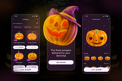 Halloween Pumpkin Carving App 3d app carving catalog catalogue constructor design halloween interface ios jack o lantern mobile product design product page pumpkin purple shop