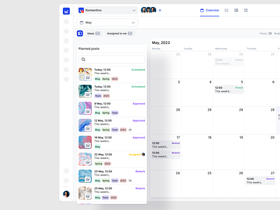 Side panel application buffer calendar dashboard facebook hootsuite instagram kontentino monthly view plan content plan posts planning post status scheduling side panel social management tool social media ui web app zoomsphere